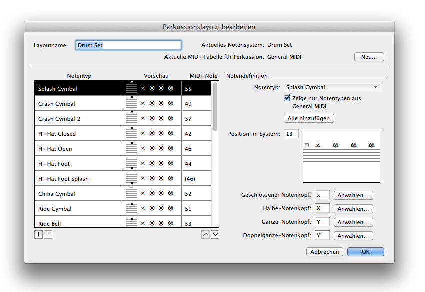 Dialogbox Perkussionslayout bearbeiten